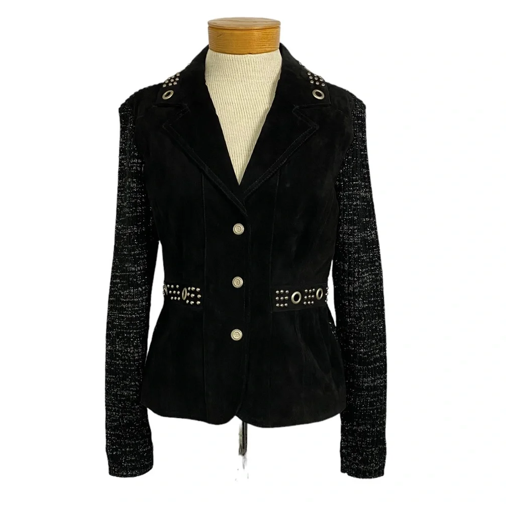 AMI Suede Leather Sweater Biker Jacket Blazer Black Silver Accents Med.